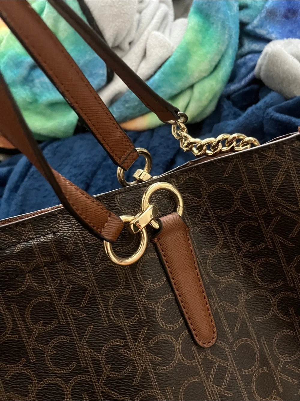 Calvin Klein Dark Brown Monogram Tote with Tan Trim like new